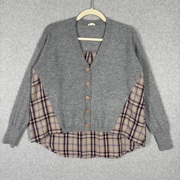 Hem Thread Cardigan Sweater Womens Small Grey Plaid Button Grandpa Grunge Preppy - Picture 2 of 10